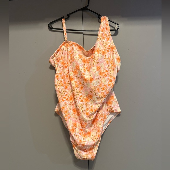 Kona Sol - Orange & Pink Floral One Piece Swimsuit Asymmetrical Ruffle (Size 24) - Picture 1 of 14
